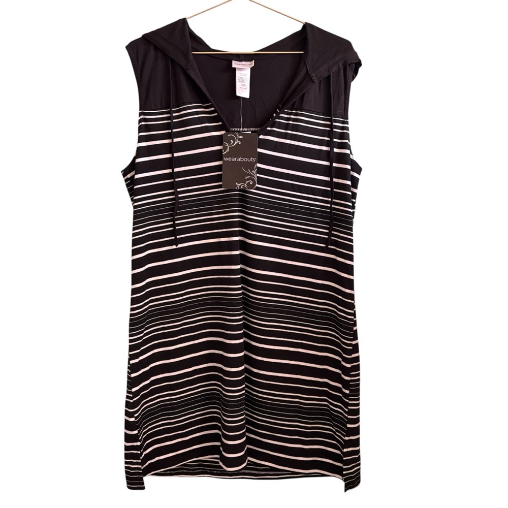 NWT Wearabouts Black and White Striped Sleeveless Long Tunic Vest W/ Hood